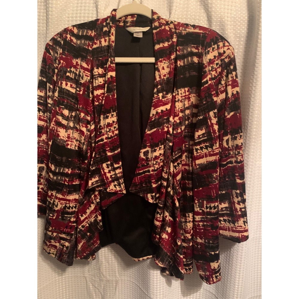 CJ Banks Womens 2X Open Front Draped Cardigan Burgundy Black Abstract 3/4 Sleeve